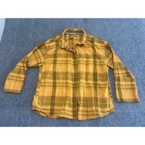 PrAna Button Up Women Large Yellow Plaid Fillary Organic Cotton Gauze 3/4 Sleeve
